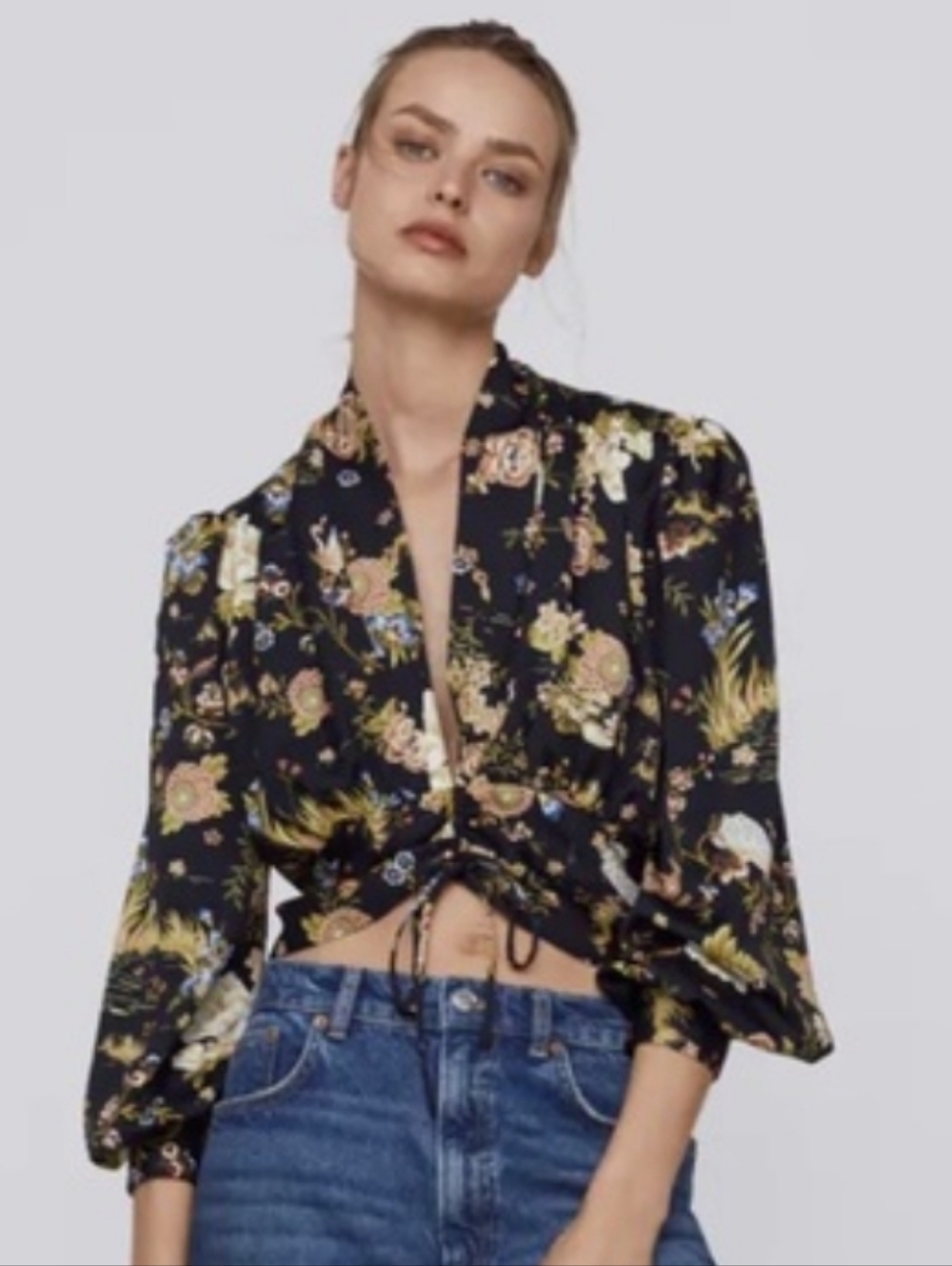 Zara Black Long Sleeve Printed Crop Top Size XS